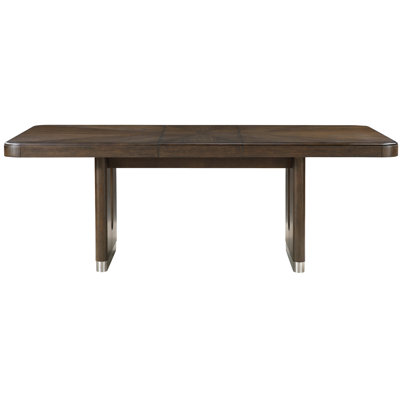 Rectangular Dining Table With Extension Feature, Brown Finish, Metallic Base, Seats 6 For Kitchen Use Modern Extendable Design, Unique