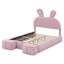 Lit plateforme tapissier pleine grandeur en velours avec tête de lit oreilles de lapin, lumière DEL et 2 tabourets de rangement