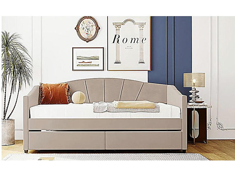 Lit de style japonais avec deux tiroirs et des poutres en bois, beige, Beige