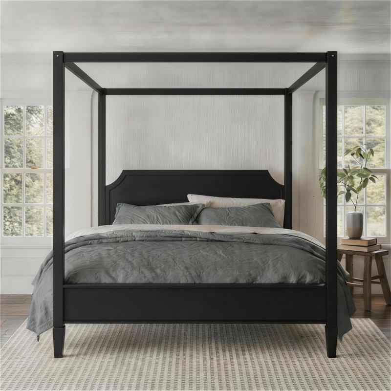 King Size Wooden Canopy Platform Bed with Headboard and Support Legs, Black, Black, King