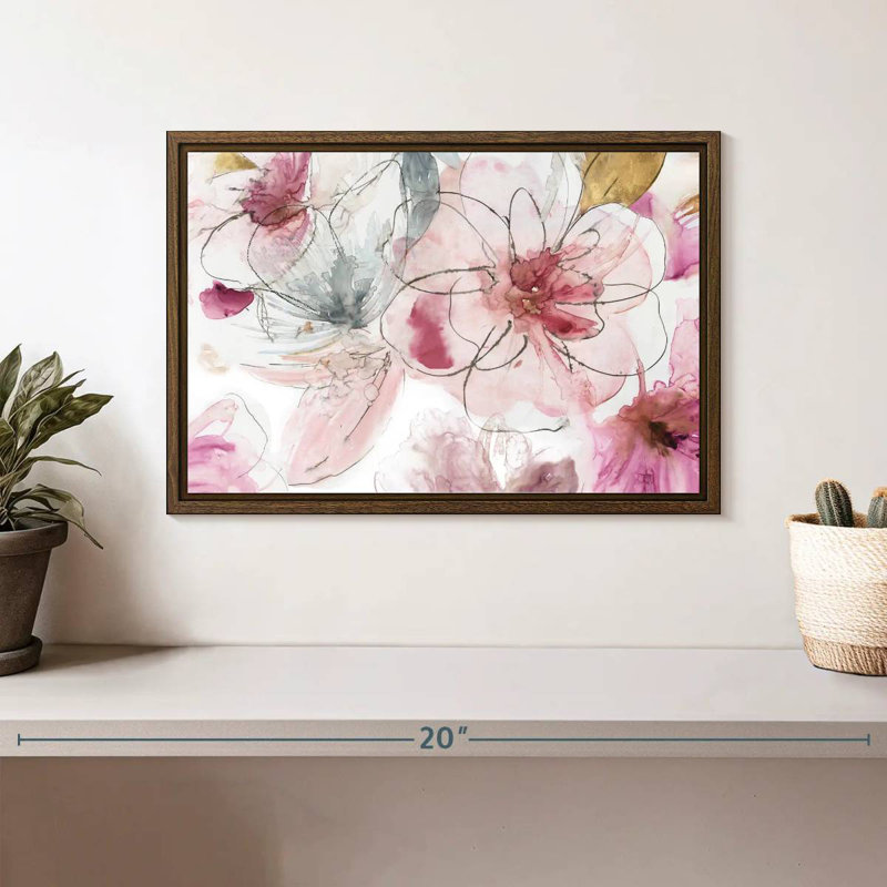 Joli floral en rose I, 13 po x 9 po, Cadre flottant en noyer