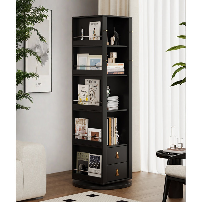 Rotating bookcase with mirror, (4 Shelves) 64.96" H x 21.65" W x 21.65" D, Black