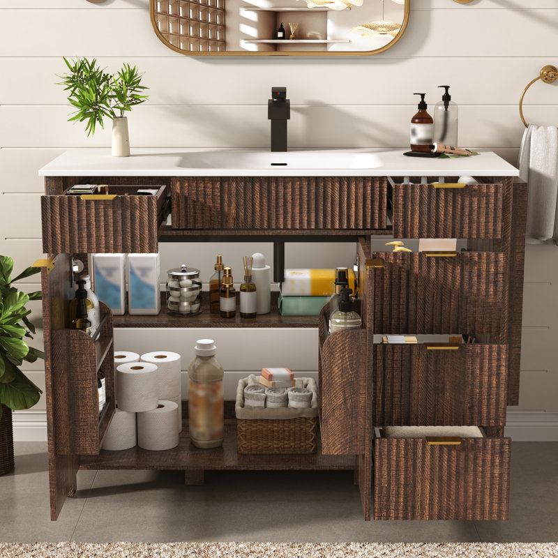 Meuble-lavabo cannelé de 122 cm avec lavabo et robinet, Brun