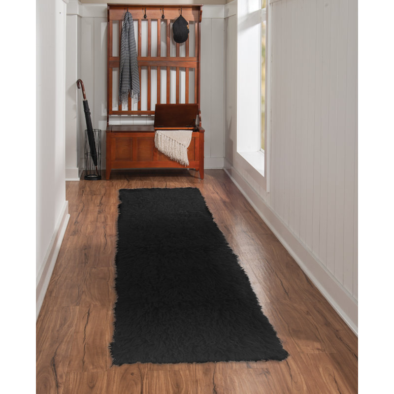 Aaiden Flokati Wool Shag Hand Loomed Black Rug, Runner 2'4" x 8'6"