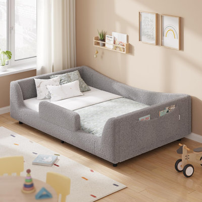 Floor Bed, Low Montessori 2-In-1 Convertible Beds, With Slats And High Rails, Upholstered Teddy Boucle, Curve Round Frame, No Box Spring Needed, Easy Assemble, Beige