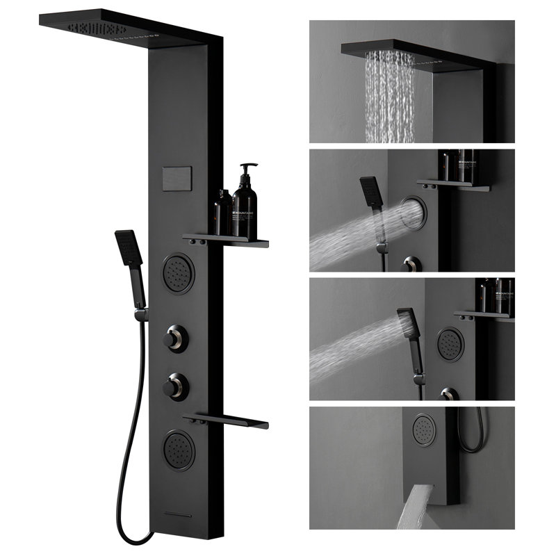 51.1 Inch 4‑Function Matte Black Shower Panel Tower, Wall‑Mount Stainless Steel Shower System with Rainfall Shower Head, Handheld Wand, Body Jets, LED Display & Storage Shelves