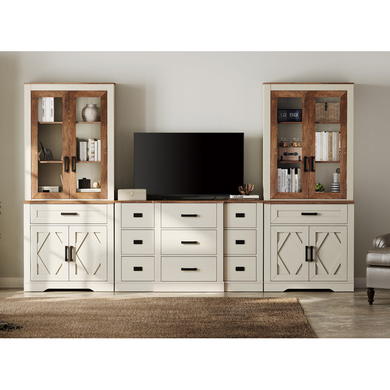 Laziza Mid-Century TV Console - Smooth Curved 9-Drawer Center With Vintage Barn Door Bookcases & 5 Display Shelves For 60" Tvs