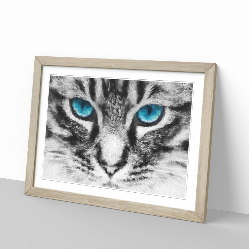 Bright Blue Cat Eyes Painting - Single Picture Frame Print on MDF, 62cm H x 87cm W x 2cm D, Oak