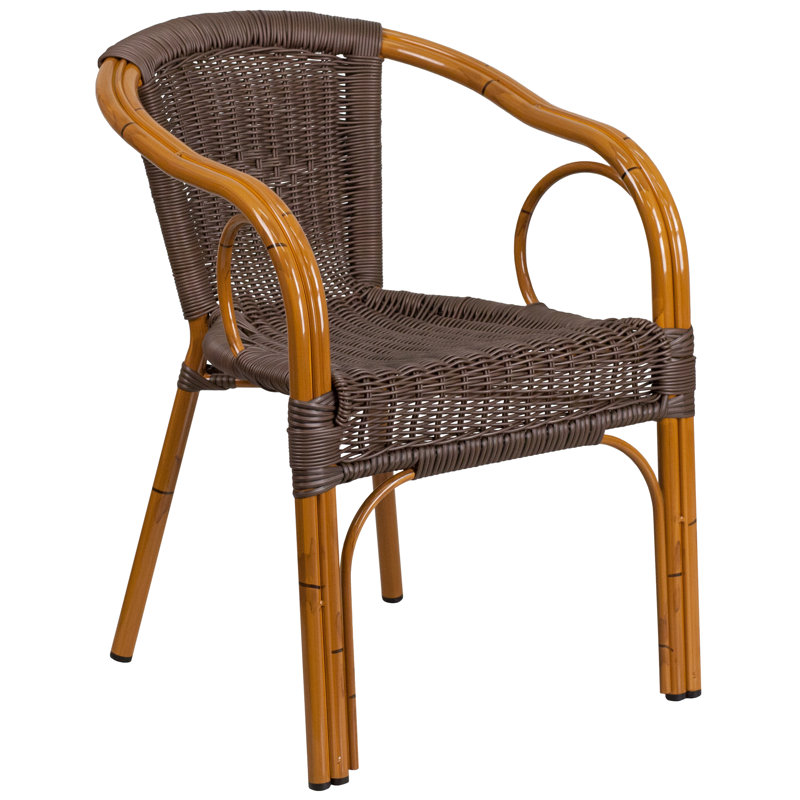 Houtz Rattan Restaurant Patio Chair with Bamboo-Aluminum Frame, Dark Brown
