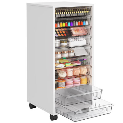 Rolling Storage Drawer Cart, Makeup Organizer and Storage with 10 Large Clear Drawers, Utility Wooden Rolling Cart on Wheels, for Cosmetic, Art Craft, Parts, Office Supplies, Toy, White