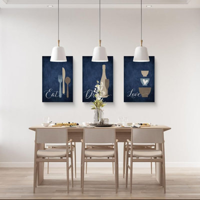 Farmhouse Kitchen Wall Decor - Eat Drink Love Wall Art Set of 3, Navy Blue Dining Room Kitchen Sign, 12"x16"