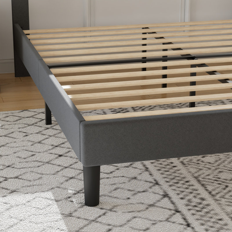 Base de lit grand format Kempst, cadre de lit plateforme grand rembourré avec tête de lit capitonnée à hauteur réglable, sommier robuste avec lattes de bois, aucun sommier requis, rangement sous le lit