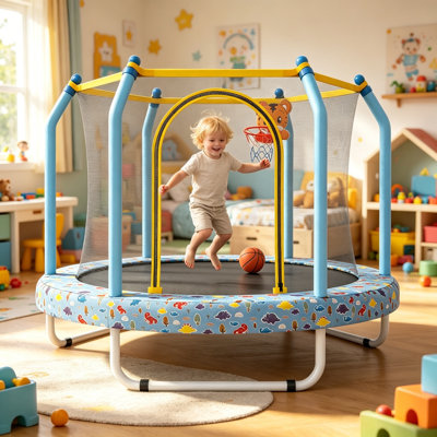 55-Inch Small Toddler Trampoline for Kids Indoor & Outdoor with Basketball Hoop – Mini Bouncer for Ages 3-6