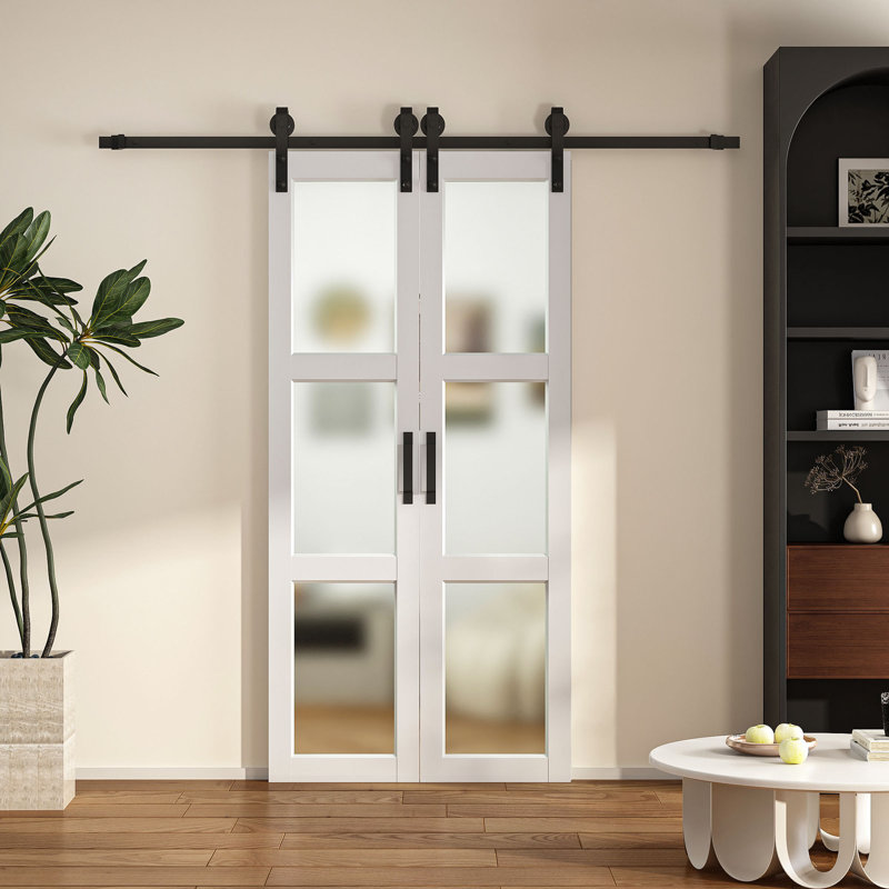 Double 84''H 3 Lite Frosted Glass Sliding Barn Door Solid Wood Interior Slab Door French Closet Doors With Installation Hardware Kit 42'' X 84''