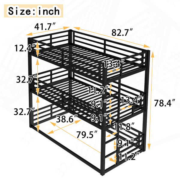 Ivy Bronx Full Over Full Over Full Bunk Bed, Metal Triple Bunk Bed With ...