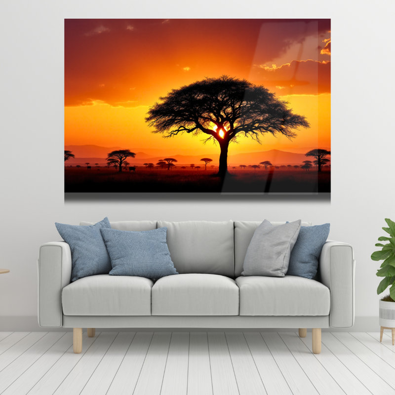 Art mural en verre trempé Savane africaine au coucher du soleil, H 12 po x l 16 po