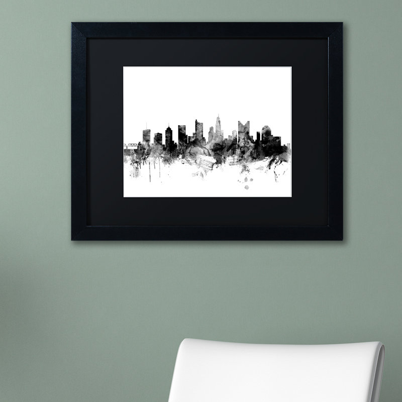 « columbus ohio horizon b&w » par michael tompsett, impression encadrée sur toile, H 11 po x l 14 po x P 0,5 po, Cadre noir