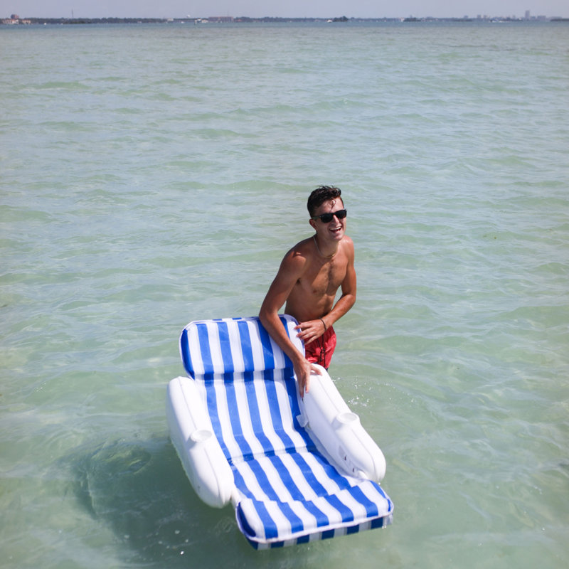 Blue and White Striped Padded Floating Pool Lounger with Cup Holders