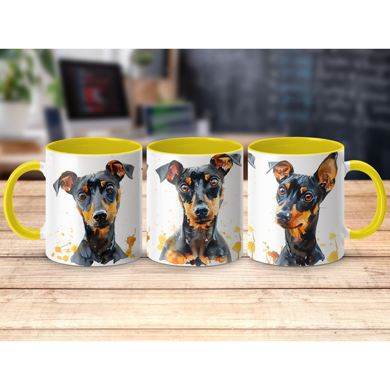 Watercolor Miniature Pinscher Design 11oz Coffee Mug, 3, Yellow