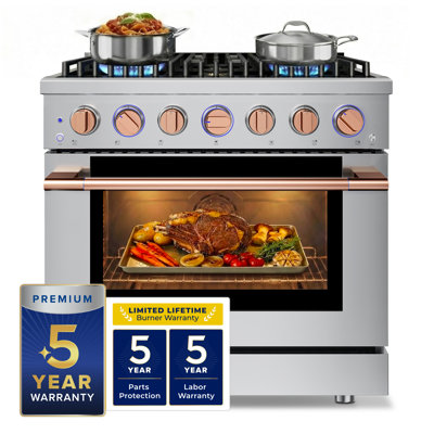 Cuisinière à combustible double 36 po Hauslane en acier inoxydable | 6 brûleurs jusqu'à 20 000 Btus | Four à convection 5,2 pi. Cu. Avec 5 positions de grille | N / L convertible | Porte triple couche Cool-Touch or rose
