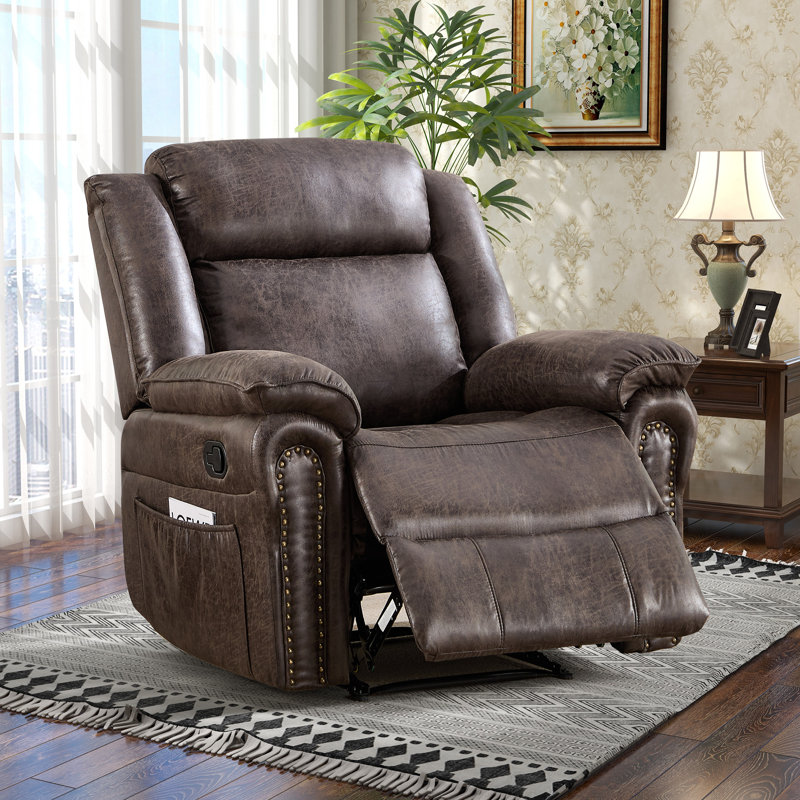 Fauteuil inclinable manuel vintage en cuir végane souple de 96 cm de large, avec rivets et poche latérale, Gray