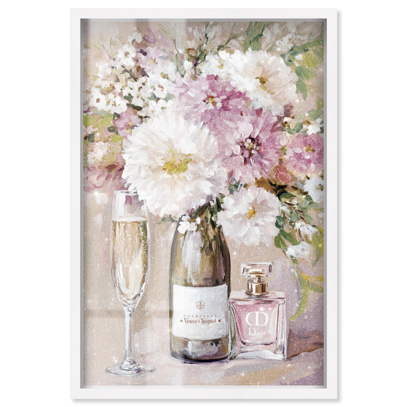 «Light Floral Champagne Vase Shadowbox Print Glam Art Prints» par Art Remedy, H 55 po x l 37 po, Blanc