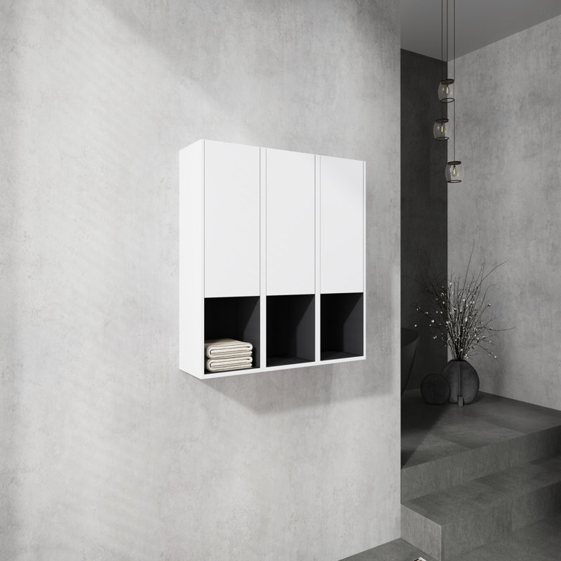 Armoire latérale de salle de bain 12 po, 3 portes à fermeture douce, conception à fixation flottante, Blanc
