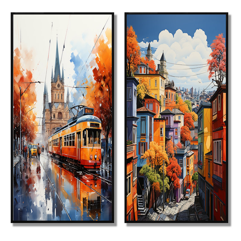 «City Milan Popart», 2 pièces sur toile, Cadre noir, H 32 po x l 32 po