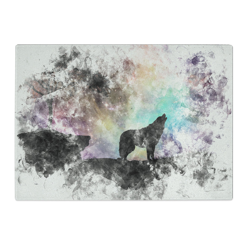 Tempered Glass Howling Wolf with a Galaxy Forest Chopping Board, 28.5 cm x 39 cm