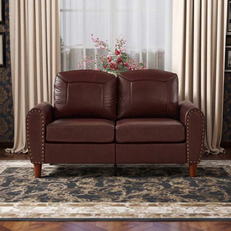 Causeuse rembourrée en cuir de polyuréthane 59 po avec clous 59 po, Burgundy Faux Leather