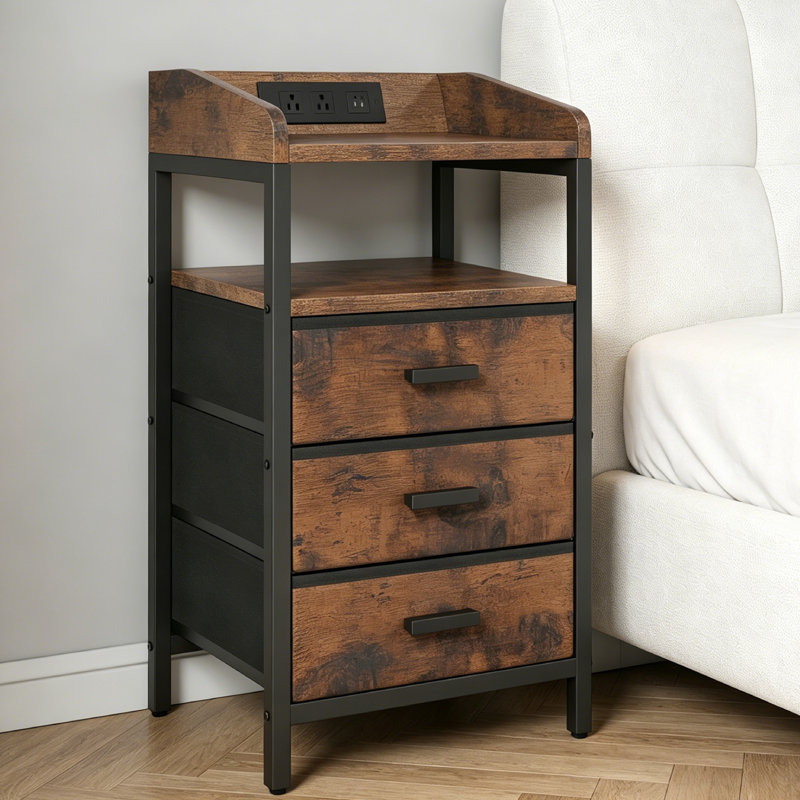 Nightstands With Charging Station, Mid Century Modern End Side Table, Bedside Table, Rustic Brown