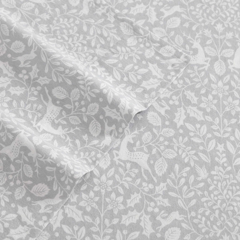 Deer Dance Grey Cotton Flannel Queen Sheet Set