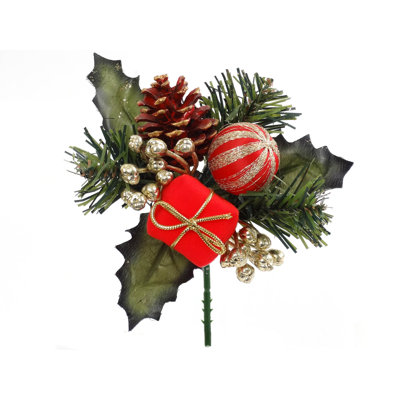 7" Red Velvet Christmas Picks with Gift Box, Pine Cone and Ball Accents (Set of 24)