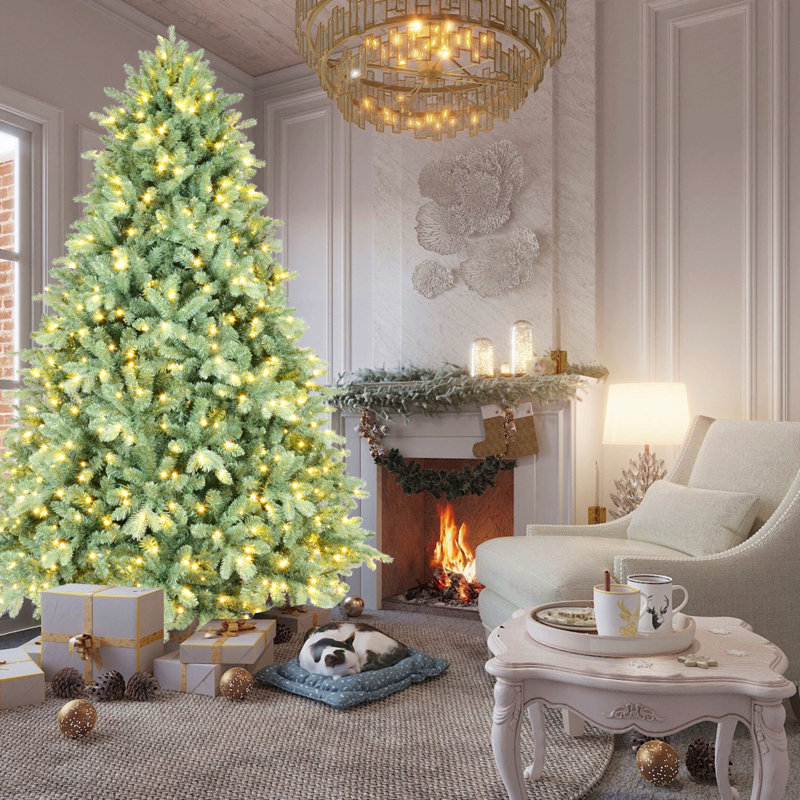 Arbre de Noël illuminé bleu-vert avec lumières à DEL blanc chaud - pointes Pe + Pvc, branches articulées pour une installation facile, support en métal robuste, décoration de Noël unique