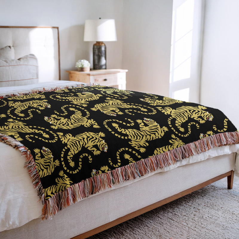 Jeté en mélange de coton Leonard Tiger, L 80 po x l 60 po, Noir / blanc cassé
