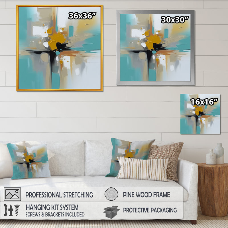 Encre sur toile Lybarger, jaune et turquoise, H 30 po x l 30 po x P 1 po, Cadre flottant noir