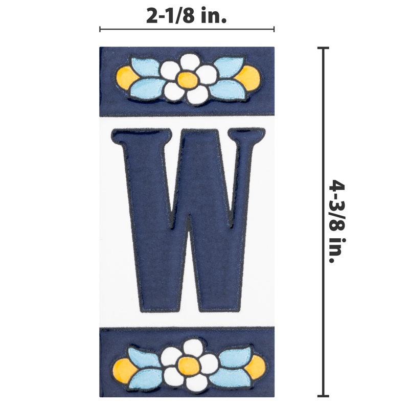 Sevillano 2.13" x 4.38" Ceramic Floral Address Letter Wall Tile in White/Blue