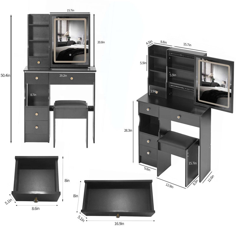Petit meuble-lavabo de 29,2 po avec tiroir à gauche + tabouret rembourré, 2 blocs d'alimentation CA + 2 ports USB, support pour sèche-cheveux, très grand miroir coulissant à commande tactile à DEL, réglage de la luminosité tricolore, réglage de la luminosité