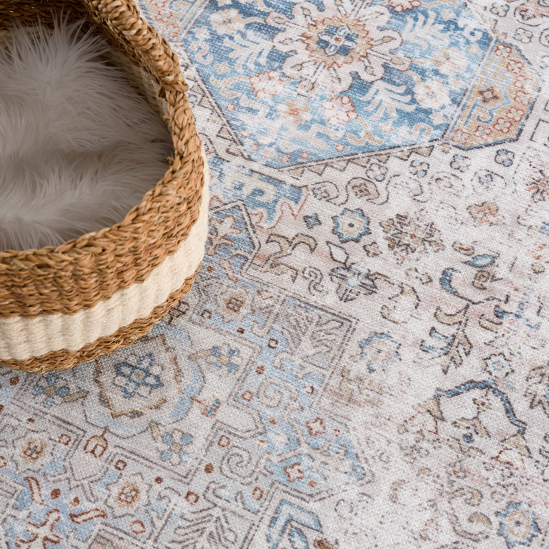 Tapis beige / bleu océan lavable antidérapant traditionnel , Tapis de couloir 2 pi 6 po x 7 pi