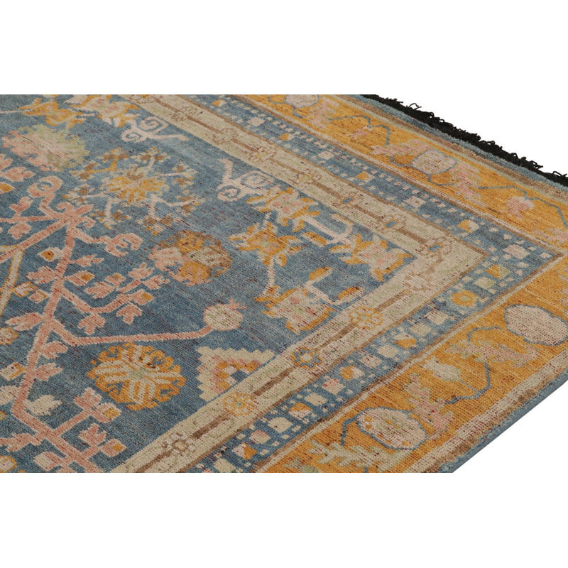 Rug & Kilim’S Khotan Rug In Blue, Gold And Pink Geometric-Floral Patterns, Rectangle 10' x 14'