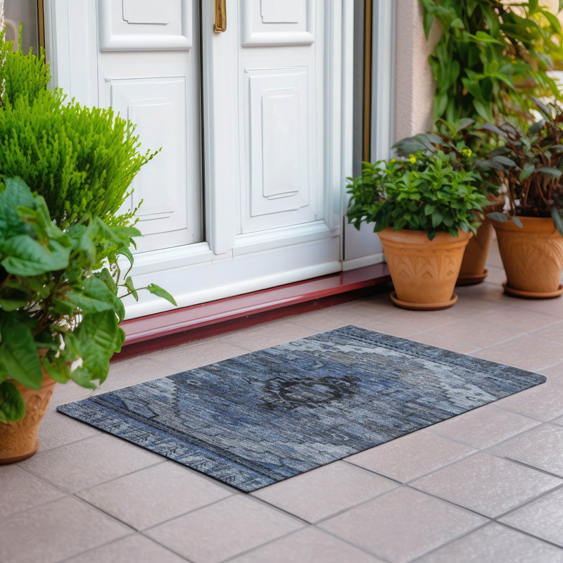 Machine Washable Indoor/Outdoor Xhevrie Blue Rug, Rectangle 1'8" x 2'6"
