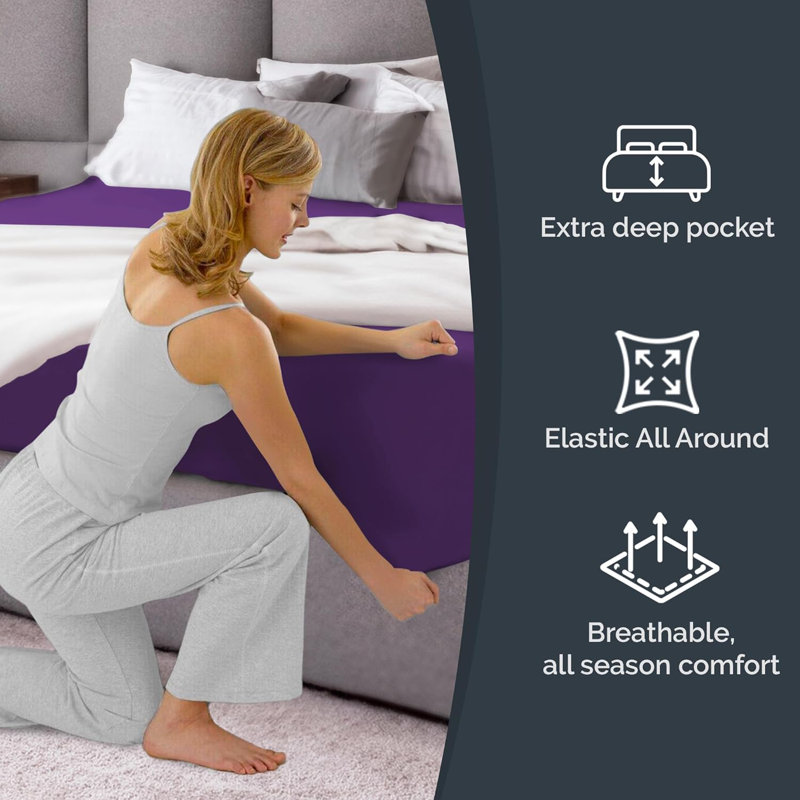 Extra Deep Pocket Fitted Sheet Only, Cooling & Breathable Bed Sheet, Soft, Fits 18–24 Inch Mattress, Queen, Purple