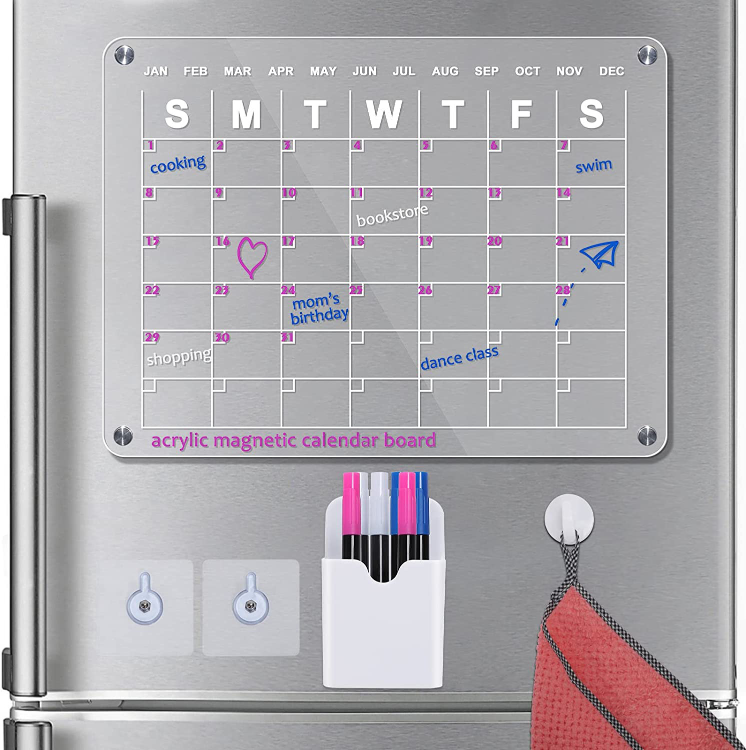 Acrylic Fridge Calendar L Clear 2 Set Acrylic Calendar Planner Board for Refrigerator | Eco-Friendly Whiteboard 16 x 12 Inches, Calendar Dry Erase