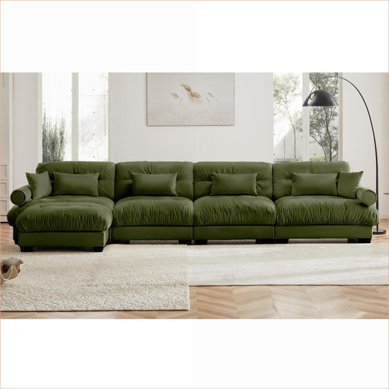 Canapés modulaires | Modulaire moderne en L 4 places pour le salon | Vert olive | Velours, Velours vert olive
