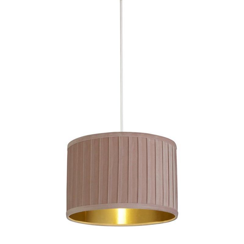 Faux Velvet Drum Pendant Shade ( Uno ), 20cm H x 30cm W x 30cm D, Blush Pink/Gold