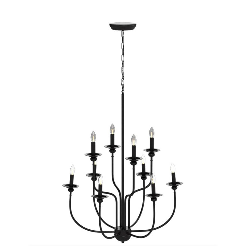 Lustre de style champêtre à 2 niveaux et 9 bougies Benfer - noir 38 po