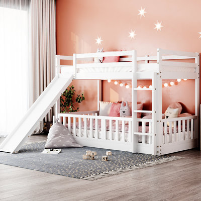 Twin Over Bunk Bed - White, Solid Wood With Entertaining And Slide For Bedroom Amusement In White Adjustable