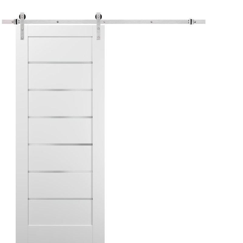 Porte coulissante de style grange avec quincaillerie de 2 m (6,6 pi) Quadro 4117 Blanc Soie avec rails en verre opaque dépoli, robustes portes intérieures à panneaux massifs en bois argenté - 71 cm x 213 cm (28 po x 84 po) - Rail argenté
