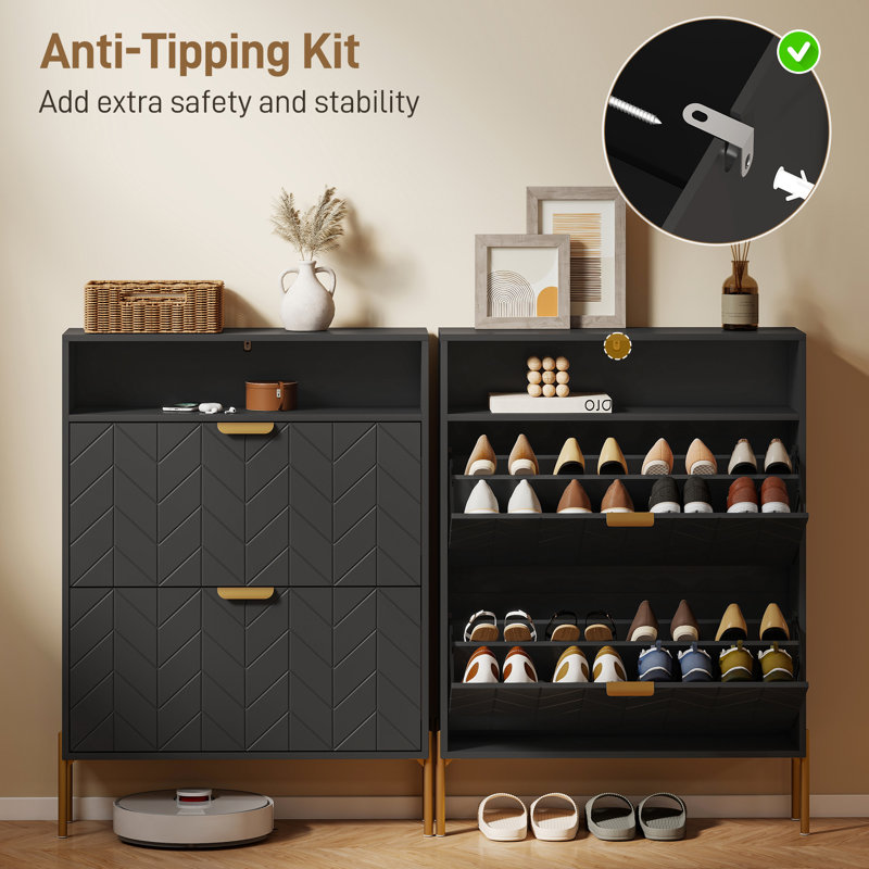 Armoire à chaussures avec 2 tiroirs rabattables, armoire de rangement pour chaussures mince, noir, Noir / or