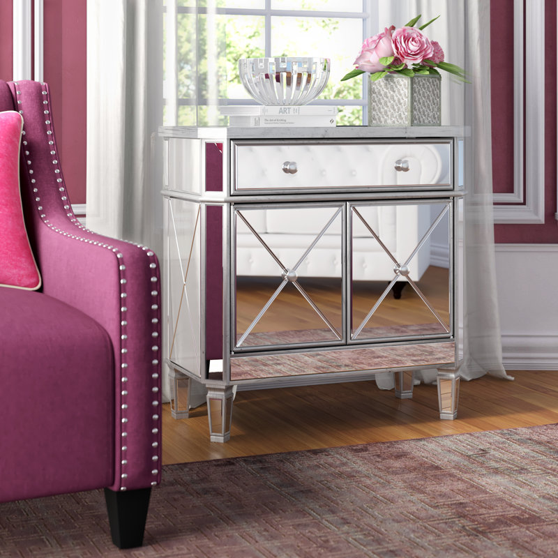 Acantha 32" H x 32" W 2-Door Mirrored Accent Cabinet, Silver